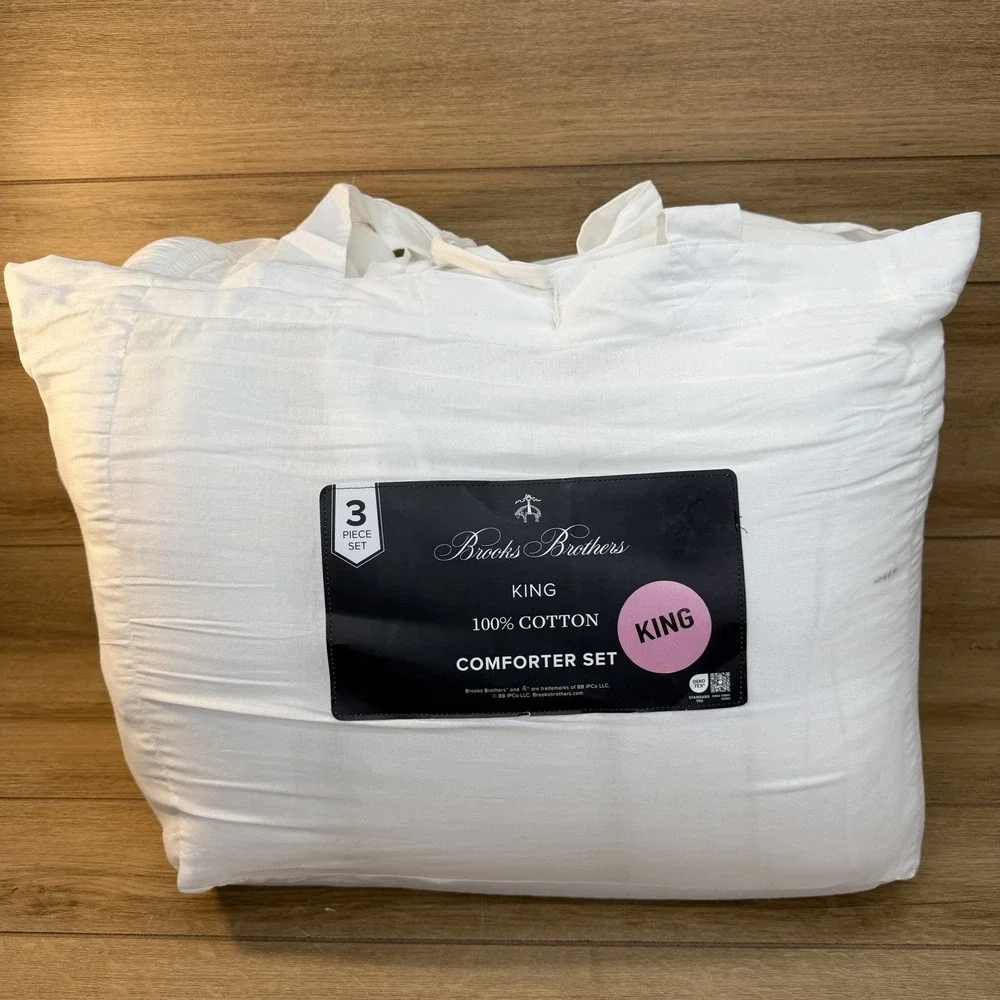Brooks Brothers 100% Cotton King Comforter Set 3 Piece White Ruffles Preppy New